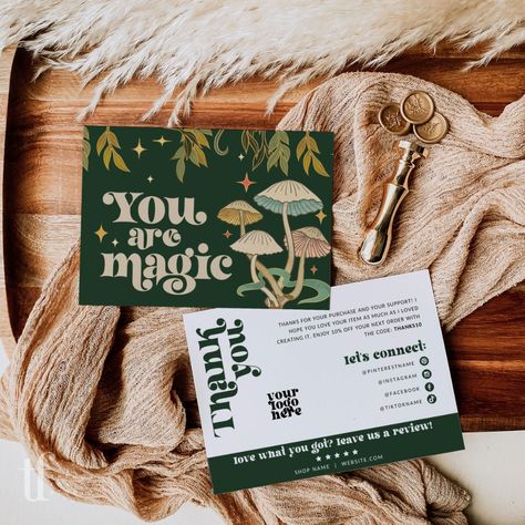 Mushroom You are Magic Business Thank You Card Canva Template - Trendy Fox Studio Cottagecore Packaging, Cottagecore Business, Mushroom Card, Etsy Packaging, Cottagecore Mushroom, Thank You Customers, Business Thank You Cards, Bullet Journal Design Ideas, Candle Labels