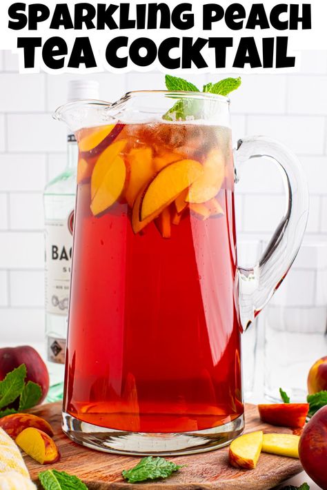 Head on photo of sparkling peach cocktail in a large glass pitcher with peach slices and mint sprigs. Peach Tea Cocktail, Refreshing Summer Recipes, Fun Party Drinks, No Bake Cherry Cheesecake, Kid Friendly Drinks, Tea Cocktail, Tea Cocktails, Easy Drink Recipes, Themed Drinks