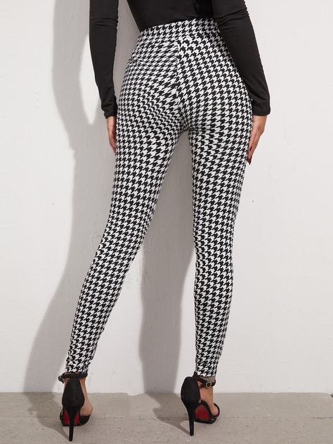 Black and White Casual   Polyester Houndstooth Regular Embellished Slight Stretch All Women Bottoms Extra Long Leggings, Houndstooth Leggings, Pleather Leggings, Houndstooth Pants, Star Leggings, Women Bottoms, Suede Leggings, Black Jeggings, Women Leggings