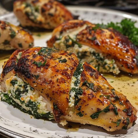 🐔🌿 Enjoy succulent chicken stuffed with creamy spinach and ricotta, a true gourmet delight! #StuffedChicken #GourmetAtHome 🍽️ Spinach Ricotta Stuffed Chicken 🛒 Ingredients: 4 chicken breasts (about 800 grams) 200 grams ricotta cheese 150 grams fresh spinach, chopped 50 grams parmesan cheese, grated 2 cloves garlic, minced (10 grams) 30 ml olive oil Salt and pepper to taste 👩‍🍳 Instructions: Prep Chicken: Butterfly chicken breasts and flatten slightly. Prepare Filling: In a bowl, mix ricot... Fancy Dinner At Home, Bulking Foods, Chicken In A Skillet, Stuff Chicken, Butterfly Chicken, Ricotta Stuffed Chicken, Spinach Parmesan, Ricotta Spinach, Gourmet Food Plating