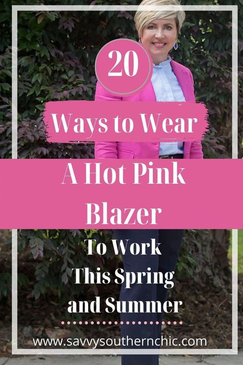 Wondering how to wear a bright bold color like hot pink to work? A blazer. Check out these 20 hot pink blazer outfit ideas for spring work wear. Pink Blazer Blue Jeans Outfit, Cerise Pink Blazer Outfit, How To Wear Hot Pink Blazer, Pink Blazer Outfit Classy Work, Pink Blazer And Tennis Shoes Outfit, Fuschia Pink Blazer Outfit, Fushia Suit Outfit, Fuschia Suit Women, Fushia Jacket Outfit