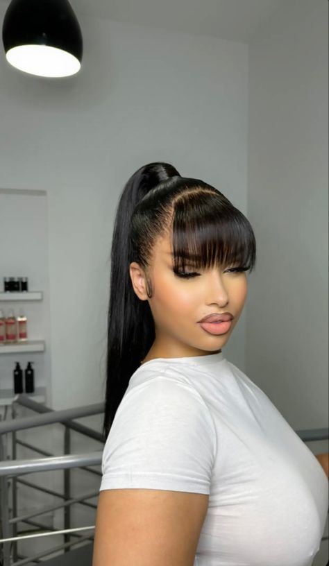 Fringe Ponytail Black Women, Updo Styles For Black Women Wigs, V Part Sleek Ponytail, Short Pig Tails Hairstyles, Bangs And Bun Black Women, Low Pony With Bangs, Frontal Low Bun, Low Ponytail With Bangs For Black Women, Curly Frontal Ponytail