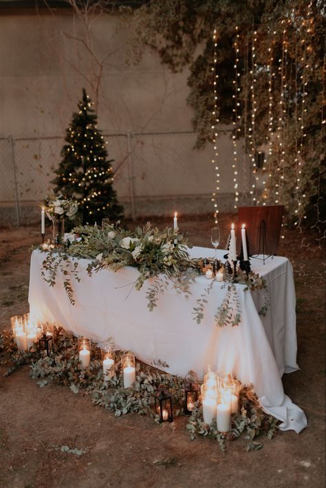 December Wedding Backdrop, Winter Wedding Fairy Lights, Winter Bohemian Wedding, Head Table Winter Wedding, Winter Wedding Eucalyptus, Winter Wedding Background, Whimsical Christmas Wedding, Outdoor Winter Wedding Reception, January Wedding Reception Ideas