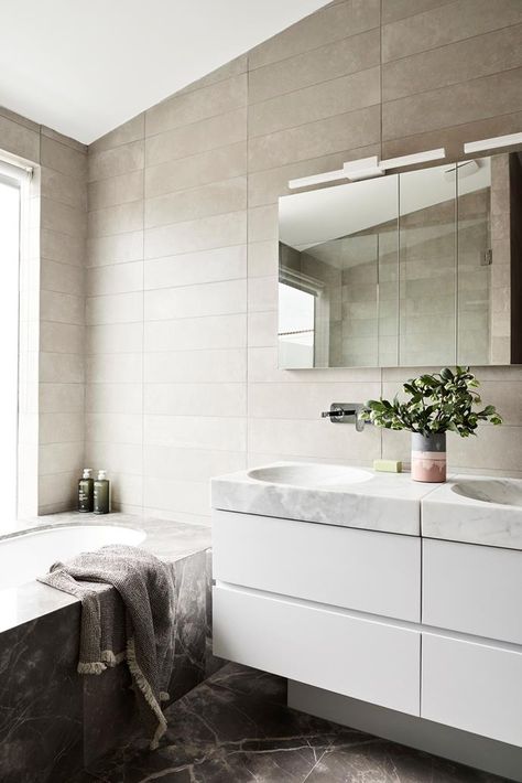 The Japanese design flows through to the bathroom. Photo: Eve Wilson | Styling: Ruth Welsby |  Story: Australian House & Garden Inset Tub, Inset Bathtub, Bathtub Design Ideas, Inset Bath, Cafe Industrial, Japanese Industrial, Small Bathtub, Industrial Restaurant, Eclectic Bathroom