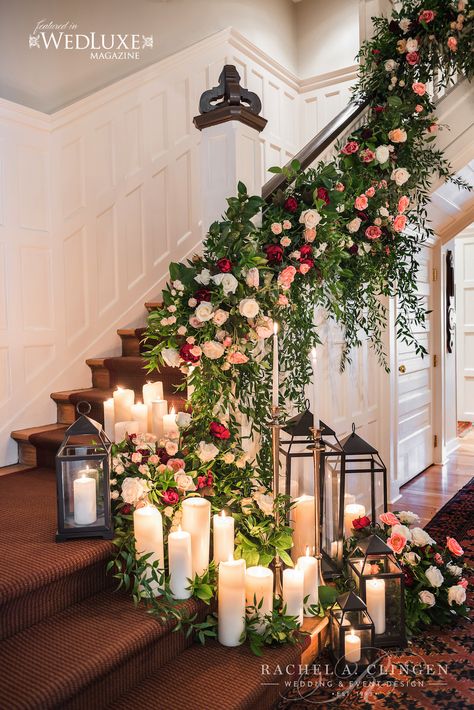 Staircase floral feature at Langdon Hall by Rachel A. Clingen Wedding Staircase, Candles And Flowers, Flowers And Candles, Christmas Wedding Decorations, Stair Decor, Wedding Winter, Deco Floral, Christmas Wedding, Winter Wedding