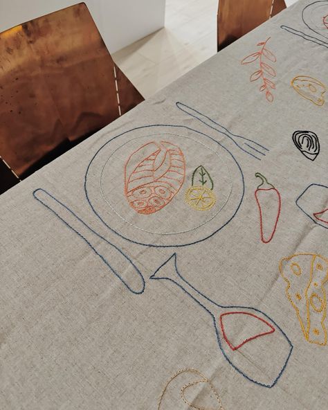 Custom embroidered tablecloth of my dreams! Who’s coming over for dinner?🍷🦐🧀🥖🐟 @gorilmarket @etsy #etsy #etsyfind #etsyfinds #etsycanada #embroideredtablecloth #embroideryart @bludot #realgoodchair #copperchair Hand Embroidered Tablecloth, Tablecloth Embroidery, Copper Chair, Pinterest Contest, Embroidered Tablecloth, Embroidery Stitches Tutorial, Hand Embroidery Projects, Blu Dot, Cool Chairs