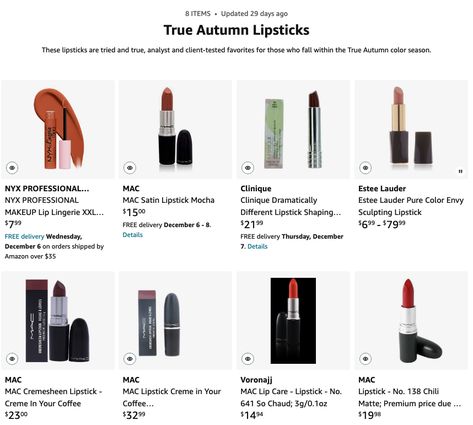 True-Autumn-Lipsticks_Amazon True Autumn Lip Color, Lipsticks For Autumn, True Autumn Lipstick Palette, Warm Autumn Lipstick Colors, True Autumn Lipstick Colour, True Autumn Makeup Looks, Soft Autumn Lipstick Colors, Warm Autumn Lipstick, True Autumn Lipstick