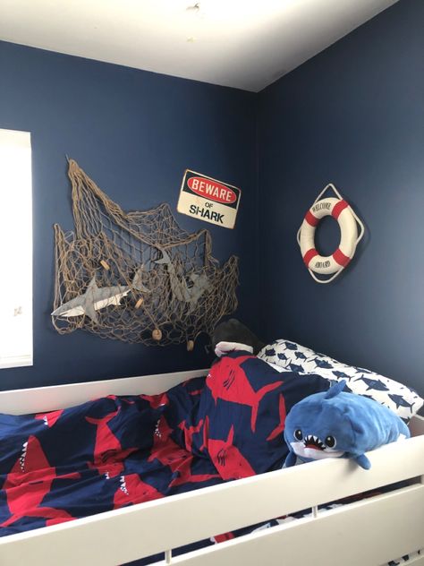 Sharks caught in fishing net Fishing Room For Boys, Shark Furniture, Shark Bedroom Ideas, Shark Boys Room, Shark Theme Room, Shark Room Decor, Boys Bedroom Decor Toddler, Shark Themed Bedroom, Shark Bedroom