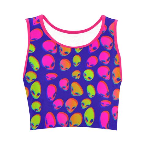 Neon Alien Blast Women's Fitted Crop Top | BigTexFunkadelic Neon Alien, Alien Crop Top, Space Age Fashion, Alien Clothes, Fitted Crop Top, Space Shirts, Workout Crop Top, Punk Outfits