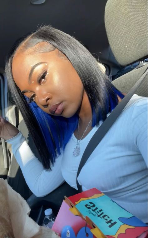 Peek A Boo Bob Wig, Peak A Boo Bob Weave, Blue And Black Quick Weave, Bob With Color Underneath Black Women, Royal Blue Peekaboo Hair, Middle Part Bob With Color, Dark Blue Hair Dye Ideas, Black And Blue Hair Black Women, Blue Peekaboo Hair Black Women