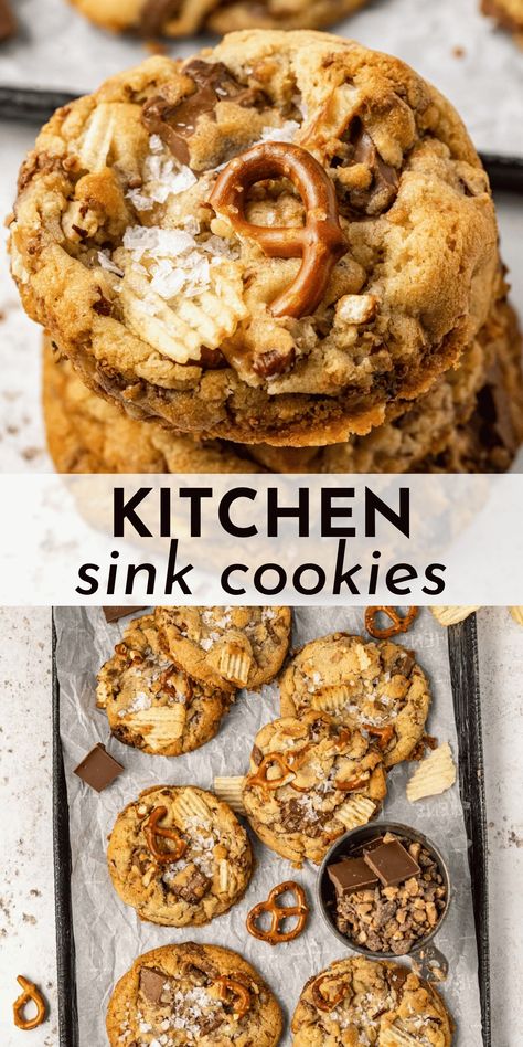 This Kitchen Sink Cookies recipe is the one you need to have in your back pocket! If you want to wow a crowd with an incredible treat that no one else will bring to the party, this is the one! Plus, I’m sharing all my extra tips on making the absolute best kitchen sink cookies! Kitchen Sink Cookies Recipe, Heath Toffee, Sink Cookies, Kitchen Sink Cookies, Salty Cookies, Bar Desserts, Everything But The Kitchen Sink, Toffee Bits, Southern Food