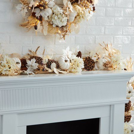 Fall And Thanksgiving Decor Trends 2023, White Fall Wreath, Harvest Garland, Fall Fireplace Decor Mantles, Subtle Fall Decor, White Fall Decor, Living Room Decor Fall, Minimalist Fall Decor, Fireplace Door