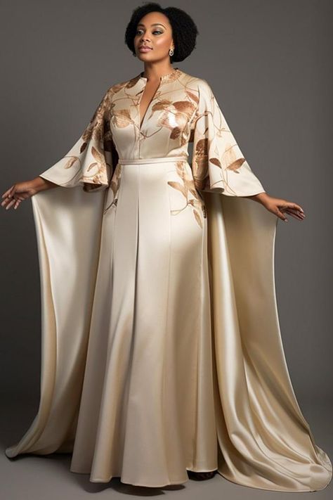 Mother Of The Bride Champagne, Dramatic Sleeves Dress, Cape Dress Long, Worship Dress, Long Floral Maxi Dress, Plus Size Elegant Dresses, African Attire Dresses, Modest Dresses Fashion, Mother Of Bride Outfits