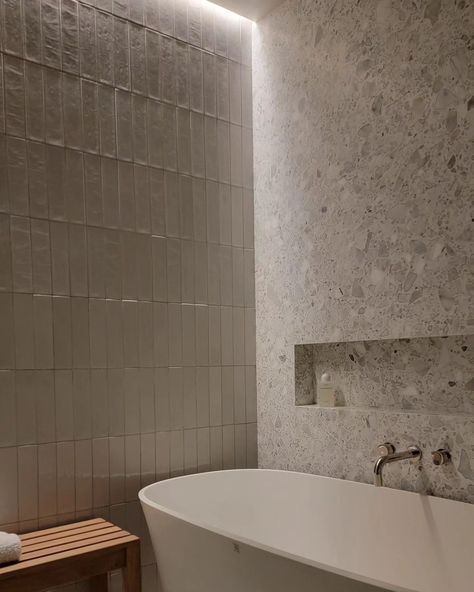 Bathroom project supplied by Marble Trend featuring NEW OPAL Terrazzo for wall & custom niche application. Terrazzo Marble Bathroom, Terrazzo Marble, Marble Trend, Surface Art, Pool Coping, Bathroom Trends, Sintered Stone, Stone Surface, Light Sculpture