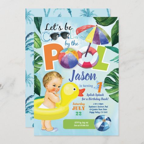 Baby boy first birthday pool party tropical invitation First Birthday Pool Party, Birthday Pool Party, Tropical Invitations, Duck Birthday, Summer Party Invitations, Baby Boy 1st Birthday Party, Pool Birthday, Tropical Birthday, Baby Boy First Birthday