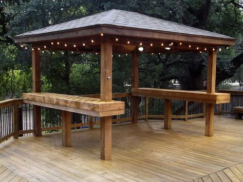 Cedar Gazebo with Bar Tops and Lighting Gazebo Bar, Gazebo Lighting, Gazebo Ideas, Wooden Gazebo, Rooftop Design, Building A Pergola, Backyard Gazebo, Backyard Pavilion, Outdoor Gazebos