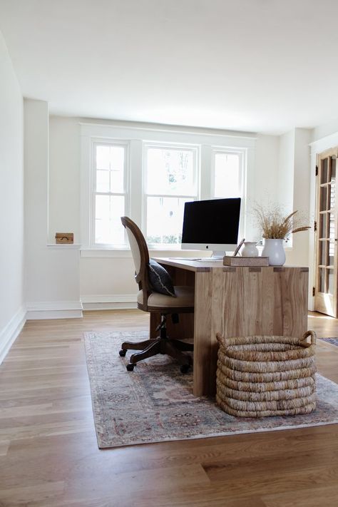 Sherwin Williams Pure White Trim, Studio Mcgee Home Office, Office Palette, Simple Home Office Design, Neutral Home Office, Simple Home Office, Lifestyle Co, Home Office Shelves, Home Office Layout