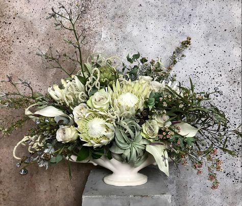 White Protea Arrangement, Protea Arrangements, White King Protea, White Protea, Rustic Flower Arrangements, King Protea, Rustic Flower, White King, Rustic Flowers