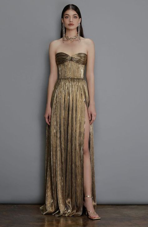 FLORENCE STRAPLESS GOLD GOWN Golden Satin Dress, Dorothy Dandridge, Bronx And Banco, Gown Gold, Dress A Line, Dresses Elegant, Gala Dresses, Gorgeous Gowns, Women Clothes