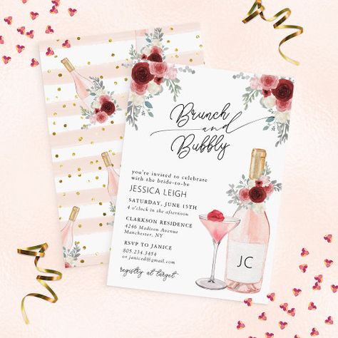 $3.08 | Brunch & Bubbly Prosecco Bridal Shower Invitation - bubbly, champagne, pink, floral, bridal, shower, bachelorette, petals, prosecco, burgundy Wine Bridal Shower Invitations, Petals And Prosecco, Vino Before Vows, Bridal Shower Wine Theme, Pink Floral Bridal Shower, Bridal Shower Champagne, Bridal Shower Wine, Brunch Bubbly, Couples Bridal Shower