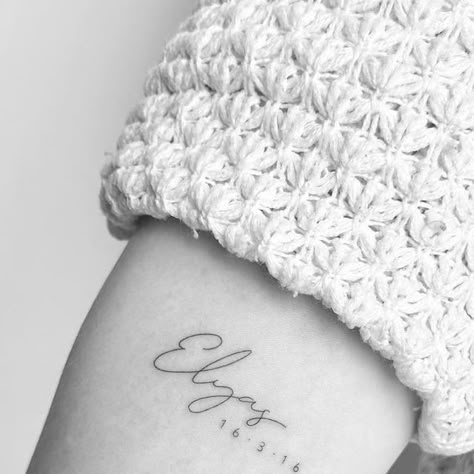 Micro Name Tattoos, Dainty Tattoo For Son, Simple Son Tattoo For Mom, Name Tatoo Children, Small T Tattoo Letter, Name And Date Of Birth Tattoos, Single Needle Name Tattoo, Small Last Name Tattoos, Name And Birthdate Tattoo Ideas