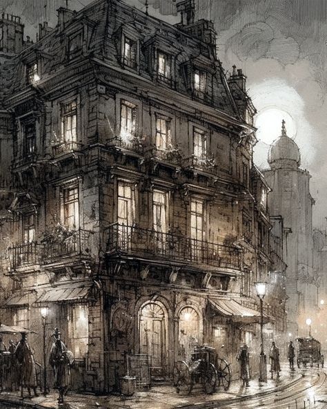 Victorian City, fine lines, digital art, digital A.I. art, home decor, downloadable art, home decor, cobblestone street, rainy night, lights Victorian City, Cobblestone Street, Victorian Buildings, Victorian London, Architecture Drawing Art, Rainy Night, Dark Academia Aesthetic, Environment Concept Art, Night Lights