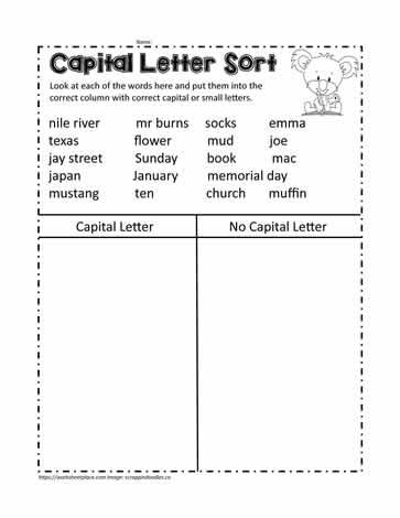 T Chart to Sort Capital Letters Capitalization Activities, Capital Letters Activities, Capitalization Worksheets, Capital Letters Worksheet, Teaching Government, Letters Worksheets, Punctuation Worksheets, Use Of Capital Letters, Letter Sort