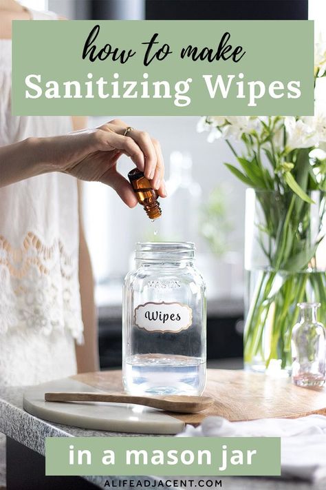 Clean up without chemicals – learn how to make your own DIY sanitizing wipes in a mason jar! These handy, reusable cleaning wipes are made with all natural ingredients: alcohol from high proof vodka, castile soap, and antibacterial essential oils such as thieves. You can cut your wipes from an old t-shirt or simply use reusable cloths. Keep your wipes in a mason jar or another eco-friendly container for easy access and zero waste! #alifeadjacent #cleaning #diycleaningproducts Diy Disinfecting Wipes, Homemade Disinfecting Wipes, Antibacterial Essential Oils, Homemade Cleaners Recipes, Natural Cleaning Recipes, Antibacterial Wipes, Diy Cleaning Products Recipes, Disinfecting Wipes, Cleaner Recipes