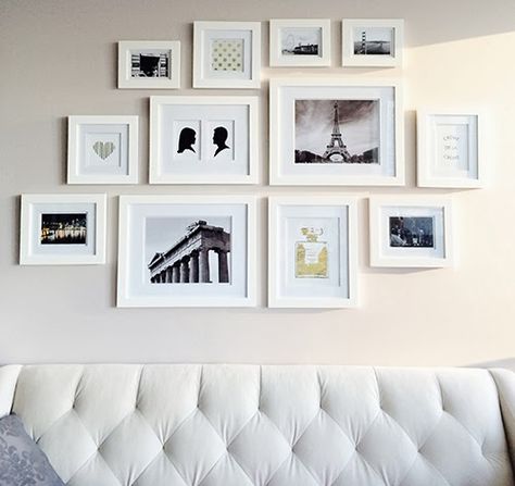 For a look that's simple and clean, this gallery is inspirational. Frame black silhouettes, moody black and white photography, and scraps of typography in identical all white mats and frames. Photo Ledge Above Couch, Wall With Pictures, Photo Ledge, Picture Arrangements, Gallery Wall Layout, Above Couch, Photo Wall Gallery, Gallery Wall Inspiration, Home Goods Decor