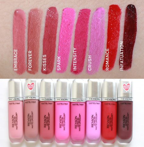 Revlon Liquid Lipstick, Revlon Matte Lipstick, Revlon Colorburst Matte Balm, Revlon Ultra Hd Matte, Revlon Cosmetics, Liquid Lipstick Swatches, Lip Color Shades, Revlon Matte, Red Lipstick Shades