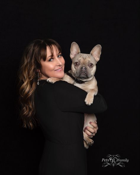 Lady in black dress, French bulldog, dog photography, pet photography, pet photographer, black backdrop, pose people with dogs, photo shoot ideas Dogs With Owners Photography, Dog Portraits With Owner, Photo Studio With Dog, Studio Family Portraits With Dog, Posing With Pets, Pet Family Portrait, Dog And Owner Photoshoot Picture Ideas, Pet Photography Ideas With Owner, Studio Pet Photography