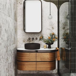 Helen Awali (@helen.awali) • Instagram photos and videos Curved Bathroom Vanities, Contemporary Vanity Design, Stone Sink Bathroom Modern, Curved Ceiling Bathroom, Contemporary Bathroom Vanity Designs, Bathroom Sink Design Modern, Best Bathroom Designs Modern, Vanity Ideas Bathroom Modern, Vanity Design For Bathroom