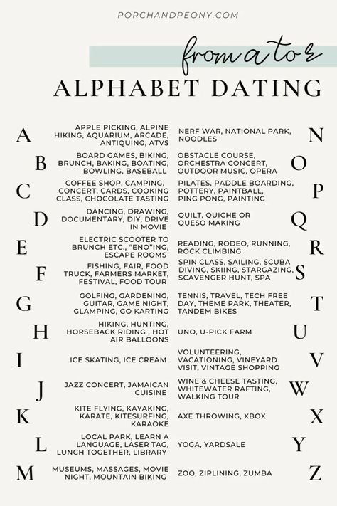 Whether you are looking to give the gift of time and togetherness to your valentine this year or simply need some inspiration for ways to enjoy something new with your spouse or s/o, this alphabet dates from A to Z list is for you! Alphabet Dates From A To Z | Alphabet Dating | Alphabet Activities | Date Ideas | Date Night Ideas | Date Night Ideas At Home | Date Night A-z Date Night Ideas, Cute At Home Dates, A Z Dates, A To Z Date Ideas, Abc Date Night Ideas, Monthly Date Night Ideas, A-z Date Ideas, Alphabet Dates From A To Z, Alphabet Date Night