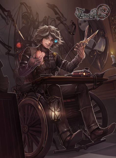 Dr. Pipt Geppetto – The Hand of Evolution., Lonwa A on ArtStation at https://www.artstation.com/artwork/n3QN6 Dnd Wheelchair Character, Inventor Rpg, Human Artificer Male, Inventor Art, Dnd Artificer Character Design, Artificer Character Design, Steampunk Rpg, Steampunk Character Design, Steampunk Character