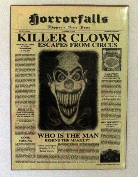 https://flic.kr/p/8PT78a | killer clown | a closeup of the killer clown "newspaper clipping" we had up at the circus. Scary Carnival, Scary Circus, Haunted Circus, Haunted Carnival, Creepy Circus, Halloween Maze, Dekorasi Halloween, Creepy Carnival, Killer Clown