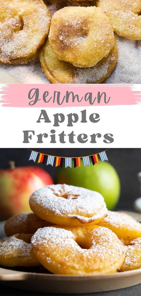 Apple Ring Fritters, German Desserts Oktoberfest, Octoberfest Desserts, Desserts With Fresh Apples, Oktoberfest Desserts, Apple Custard Cake Recipe, Apple Rings Recipe, German Deserts, Fried Apple Rings