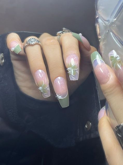 Buff Nails, Green French, Green Nail, Pretty Gel Nails, Nail Swag, Fake Nail, Nail Forms, Nail Accessories, Cute Acrylic Nails