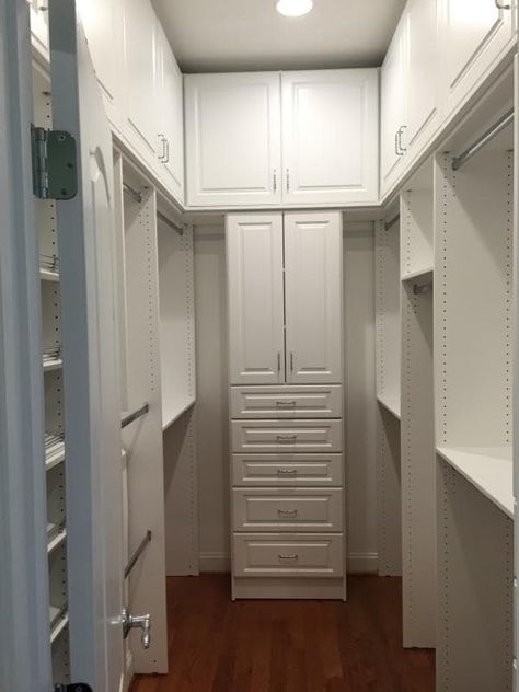 Walk In Closet Dimensions: A Design Idea for Every Shape and Size | Closet America 6 X 6 Walk In Closet Ideas, 6 X 6 Closet Design, 8 X 10 Closet Layout, 7x14 Walk In Closet, 5 X 5 Closet Layout, 5ft Wide Walk In Closet, Long Closet Design, U Shape Walk In Closet Ideas, 9x5 Closet Layout