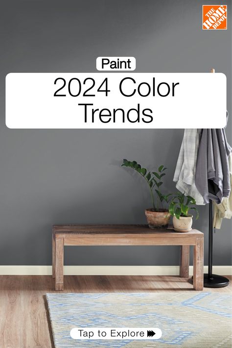 Elevate your home with the latest paint color trends for 2024 from BEHR at The Home Depot. Discover the versatility of Cracked Pepper, the Color of the Year, a soft black shade that adds depth and sophistication to any space. Explore the 2024 Color Trends Palette, featuring Whipped Cream, Weathered White, Even Better Beige, Malted, and Tranquil Gray. Whether you're looking for a moody or a serene ambiance, BEHR's offers endless possibilities for every design style. Tap to explore. Behr Elephant Skin Paint Color Palettes, Home Depot Gray Paint Colors, Front Room Color Ideas, Home Depot Paint Colors Living Room, 2024 Paint Color Trends Behr, Even Better Beige Behr, Color Room Ideas, Even Better Beige, Painting Walls Ideas