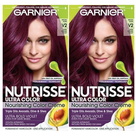 Garnier Nutrisse Ultra Color Nourishing Color Cream in Ultra Bold Violet Dark Purple Hair Dye, Permanent Purple Hair Dye, Best Purple Hair Dye, Purple Hair Dye, Dark Hair Dye, Garnier Hair Color, Color Uva, Violet Hair Colors, Hair Color Plum