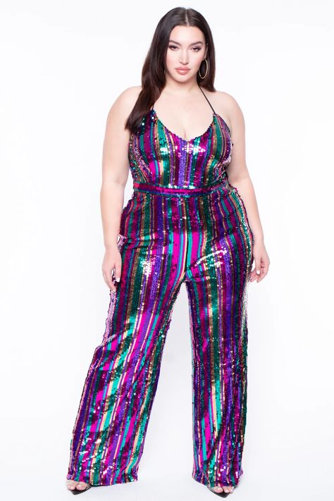 Plus Size Prism Halter Sequins Jumpsuit - Purple– Curvy Sense Disco Glam Outfits Plus Size, Sequin Jumpsuit Plus Size, Disco Jungle, Party Outfit Plus Size, Rave Outfits Plus Size, Sequins Jumpsuit, Jumpsuit Plus Size, Rave Festival Outfits, Rave Outfits Festivals