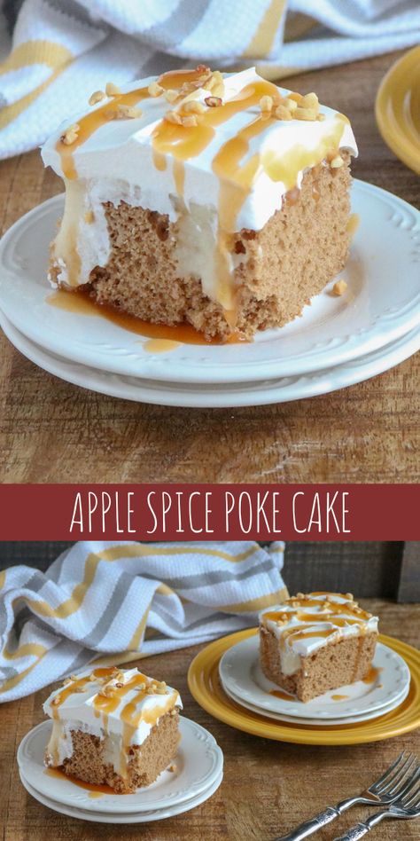 Carmel Apple Poke Cake Easy, Spice Cake Poke Recipes, Apple Cider Poke Cake, Poke Spice Cake Recipes, Spice Cake Poke Cake, Thanksgiving Poke Cake Recipes, Spice Cake Dessert Recipes, Skor Poke Cake, Spice Poke Cake Recipes