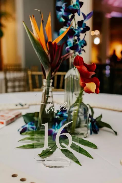 Blue Orchid Wedding, Bird Of Paradise Wedding, Tropical Wedding Centerpieces, Lightner Museum, Silk Flower Centerpieces, Tropical Centerpieces, Tropical Wedding Theme, Virginia Beach Wedding, Paradise Wedding