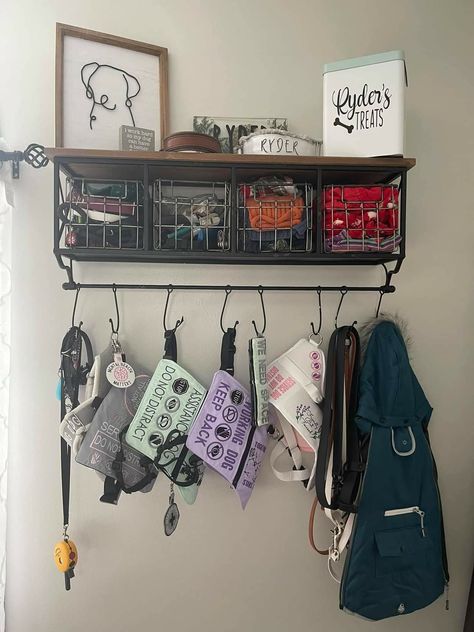 Dog Hanging Storage, Dog Organization Ideas Storage, Shelves For Dog Stuff, Dog Shelves Ideas, Pet Room Organization, Dog Office Ideas, Diy Dog Storage Ideas, Dog Shelf Ideas, Dog Item Storage