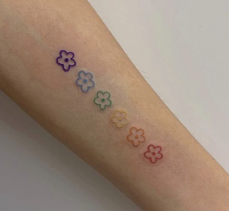 Rainbow Colored Tattoo, Colorful Mom Tattoos, Rainbow Flowers Tattoo, Cute Colour Tattoo, Color Test Tattoo, Rainbow Flower Tattoo, Starter Tattoos Ideas, Ally Tattoo, Coloured Tattoos