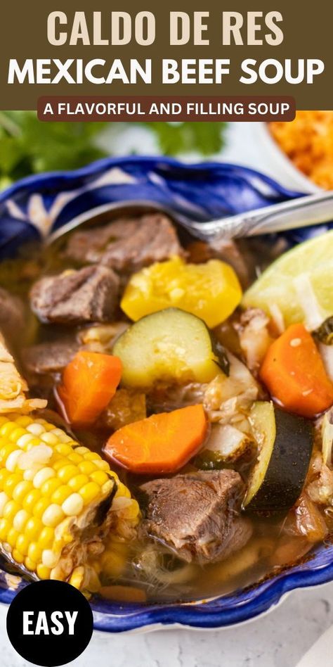 Learn how to make Caldo De Res, a hearty and delicious soup with beef, vegetables, and Mexican red rice. It’s a simple and satisfying dish that you can cook in a slow cooker. Beef Caldo Soup, Mexican Oxtail Soup Caldo De Res, Caldo Soup, Mexican Red Rice, Mexican Beef Soup, Mexican Soups, Soup With Beef, Warming Soups, Recipe With Rice