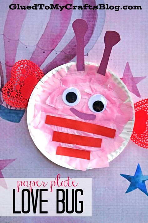 #gluedtomycrafts Tissue Paper Paper Plate Valentine Love Bug – Kid Craft - Valentine’s Day Crafts Valentines Crafts Preschoolers, Valentines Arts And Crafts For Preschool, Valentines For Toddlers To Make, Valentines Party Ideas For Toddlers, Valentine's Preschool Crafts, Toddler Crafts For February, Love Bug Preschool Activities, Preschool Themes For February, Paper Plate Valentine Craft