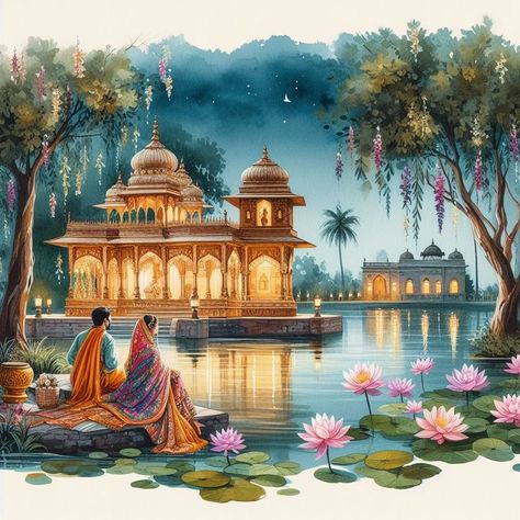 Indian Wedding Drawing, Couple Mehndi, Hindu Couple, Lotus Lake, Rajasthani Painting, Indian Traditional Paintings, Couple Sitting, Nature Art Drawings, Scene Drawing