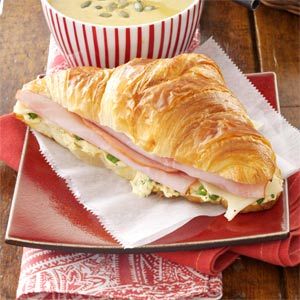 French Market Sandwiches Recipe -"I first tasted this warm ham and cheese sandwich at a luncheon, and it quickly became a favorite in our house," says Florence McNulty of Montebello, California. "I keep some in the freezer for fast meals. My bridge club enjoys them with soup and fresh fruit." French Sandwich Recipes, Ham And Swiss Sliders, French Sandwich, Ham And Swiss, Croissant Sandwich, Panini Recipes, Cold Sandwiches, Ham And Cheese Sandwich, Slider Recipes