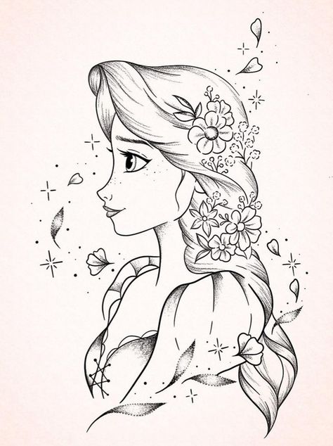 Rapunzel Tattoo Meaning, Rapunzel Drawing Sketch, Tangled Drawings Easy, Rapunzel Pics, Fineliner Art Illustration, Rapunzel Doodle, Disney Tangled Tattoo, Rapunzel Sketch, Rapunzel Drawing